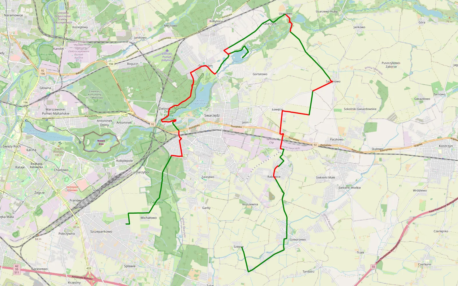 Map of Szczepankowo-Spławie-Krzesinki - Gowarzewo - 30.3 km offroad trail, Poznań County