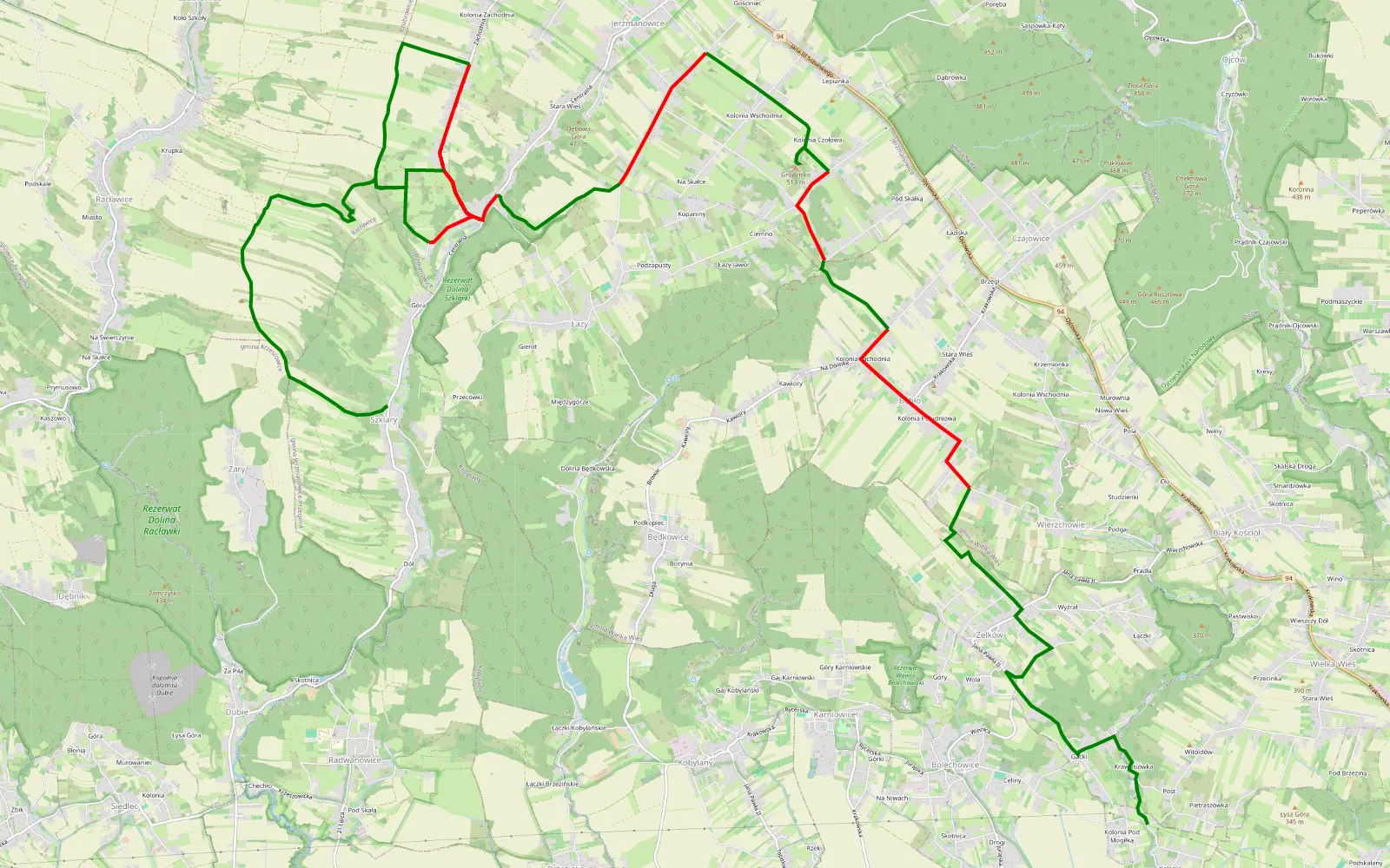 Mapa trasy Ujazd - Zelków - Łazy - Szklary - 22 km trasy offroad, Powiat Krakowski