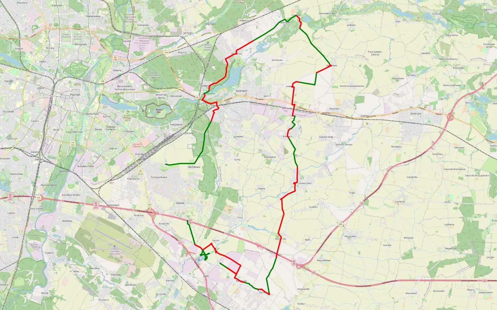 Mapa trasy Szczepankowo-Spławie-Krzesinki - Spławie - 49.3 km trasy offroad, Powiat Poznański