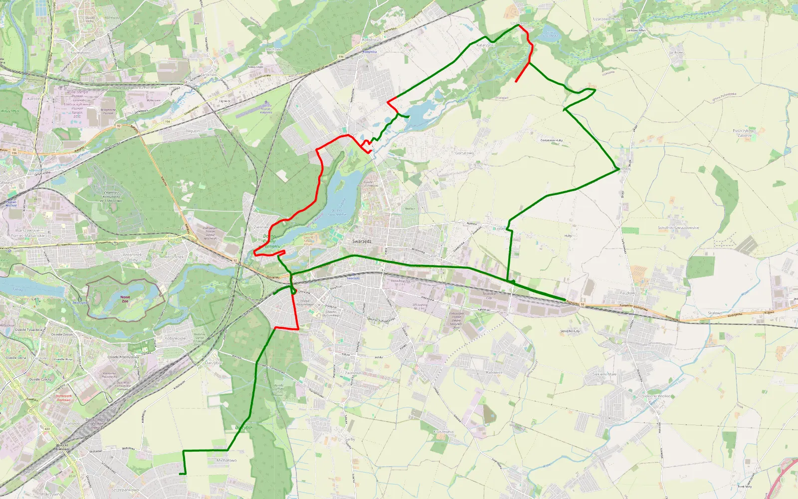 Mapa trasy Szczepankowo-Spławie-Krzesinki - Zieliniec - 21.3 km trasy offroad, Powiat Poznański