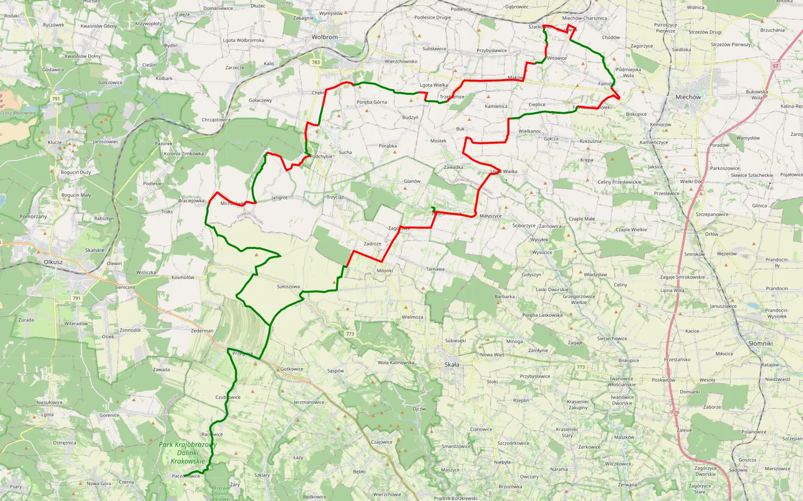 Map of PĘTLA Dłubnia poprawiona trasa - 65.4 km offroad trail, Olkusz County