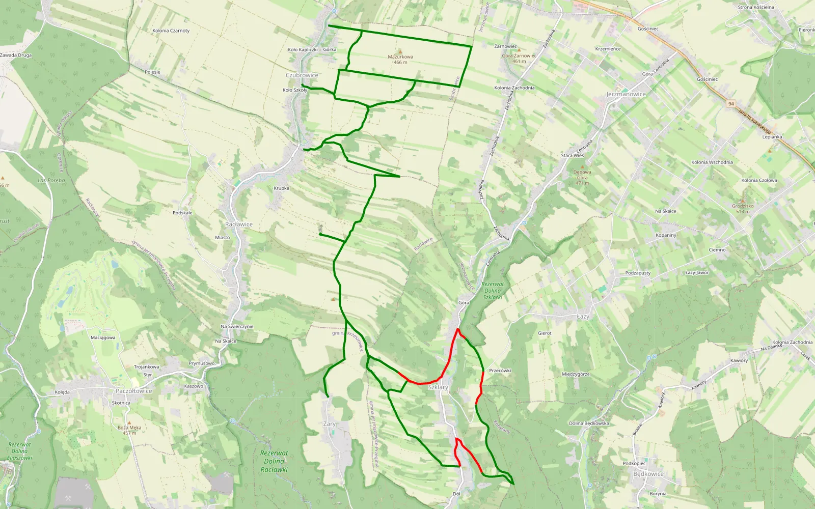 Mapa trasy Żary - Łazy - 25.8 km trasy offroad, Powiat Krakowski