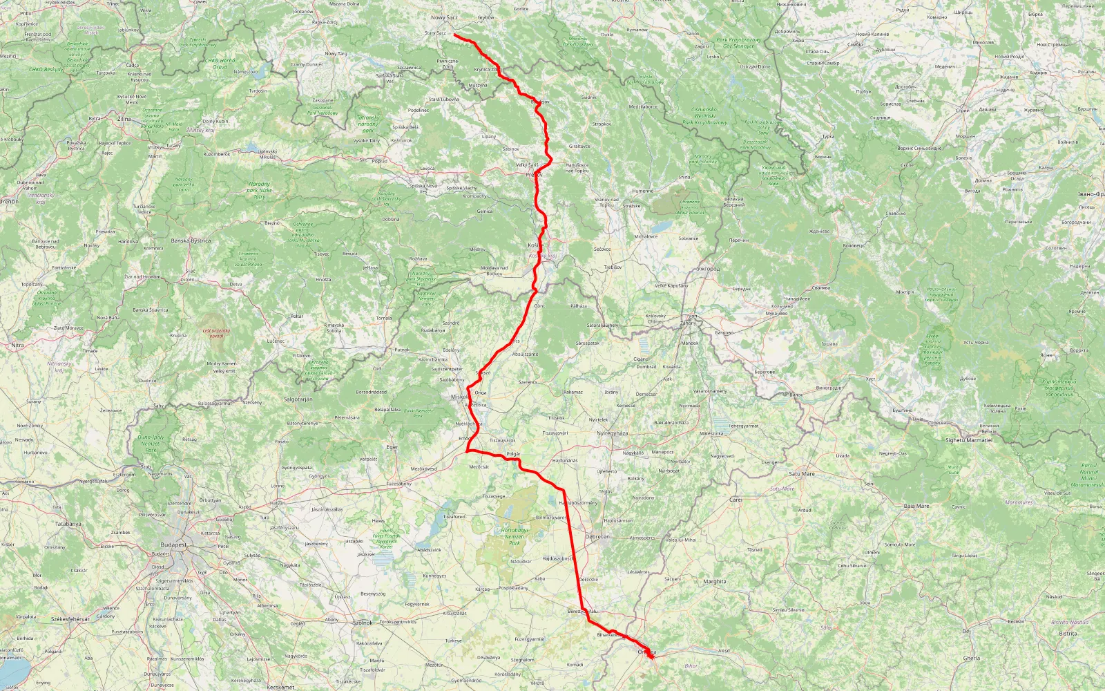 Map of Trasa z 2022-06-25 11:27:09 — 399.3 km offroad trail, District of Bardejov