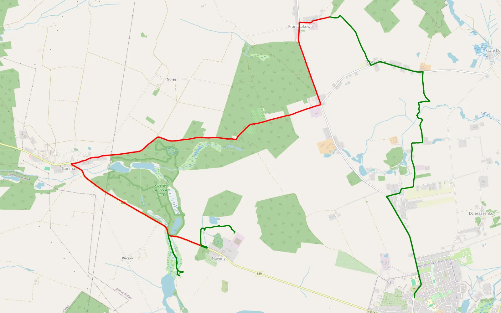 Mapa trasy Nowiny - Złotów - 14.9 km trasy offroad, Powiat Złotowski