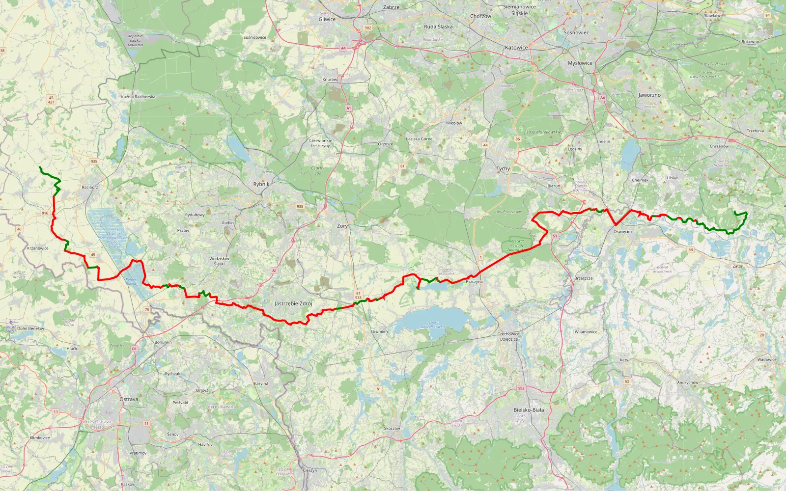 Map of Babice - Pawłów - 142.2 km offroad trail, Pszczyna County