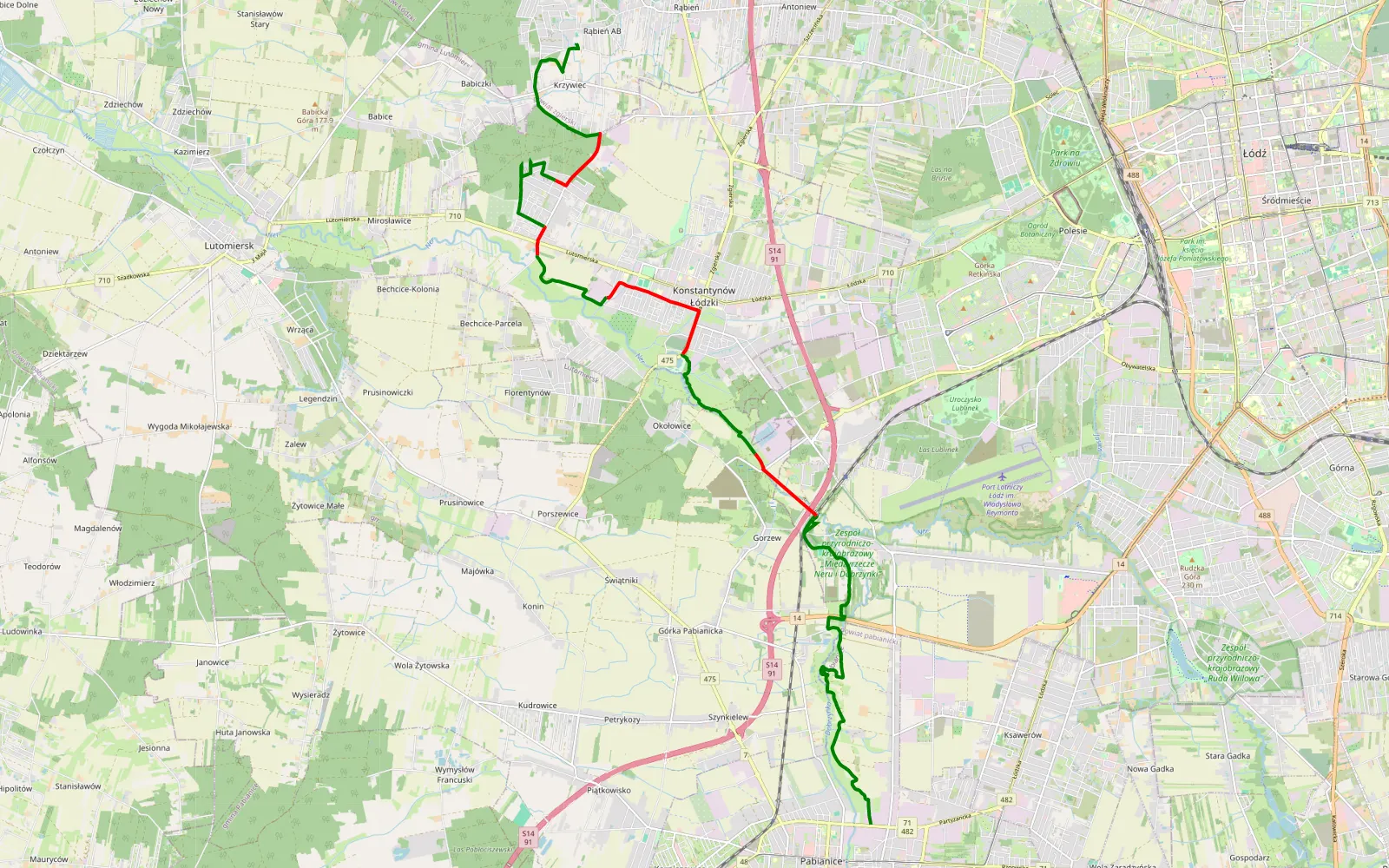 Mapa trasy Pabianice - Rąbień Ab - 23.7 km trasy offroad, Powiat Pabianicki
