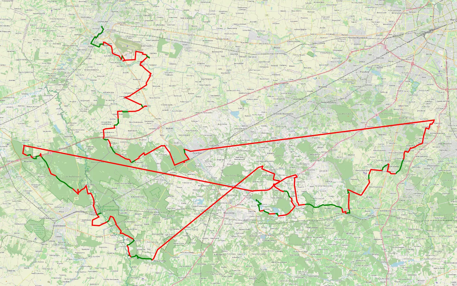 Mapa trasy Zboiska - Sochaczew - 261.7 km trasy offroad, Powiat Żyrardowski