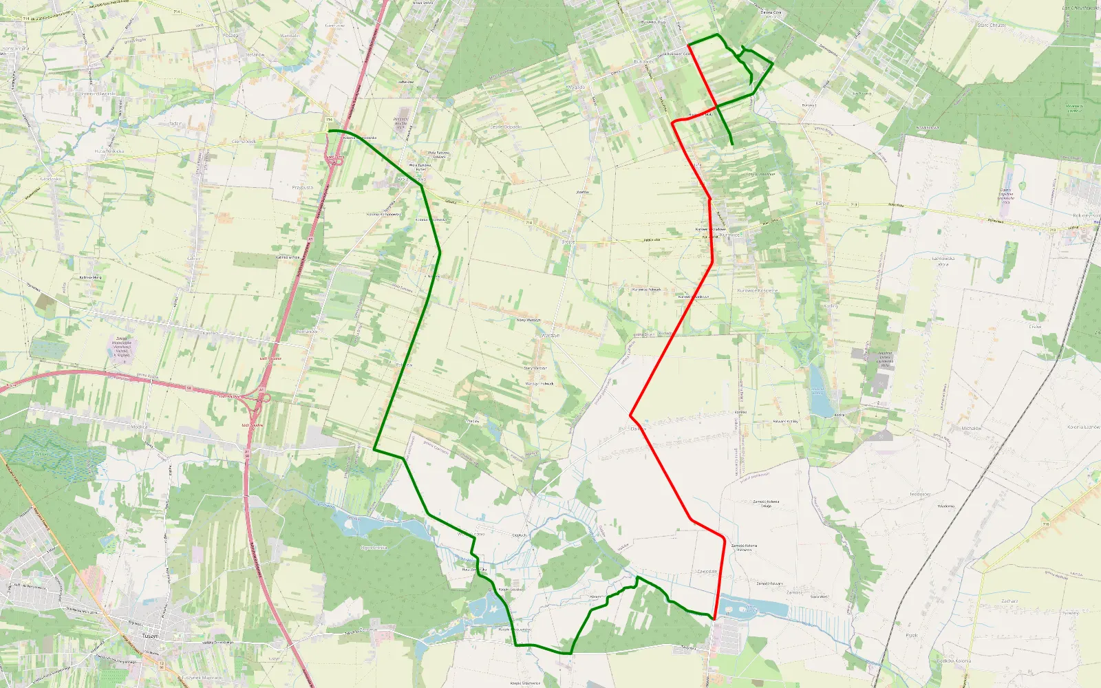 Mapa trasy Bukowiec Mały - Przypusta - 19.5 km trasy offroad, Powiat Łódzki Wschodni