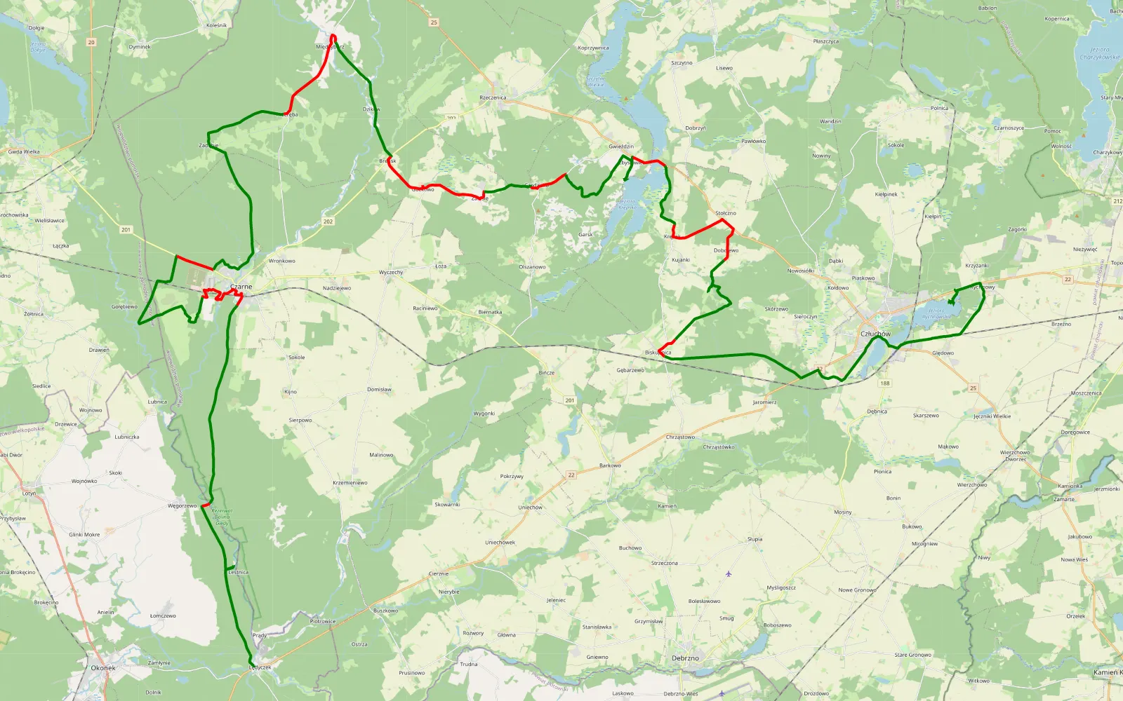 Mapa trasy Lędyczek - Rychnowy - 92.2 km trasy offroad, Powiat Człuchowski