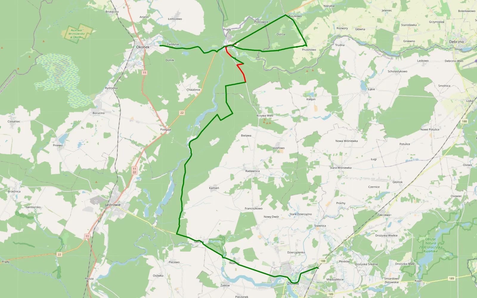 Map of Międzybłocie - Okonek - 28.4 km offroad trail, Złotów County