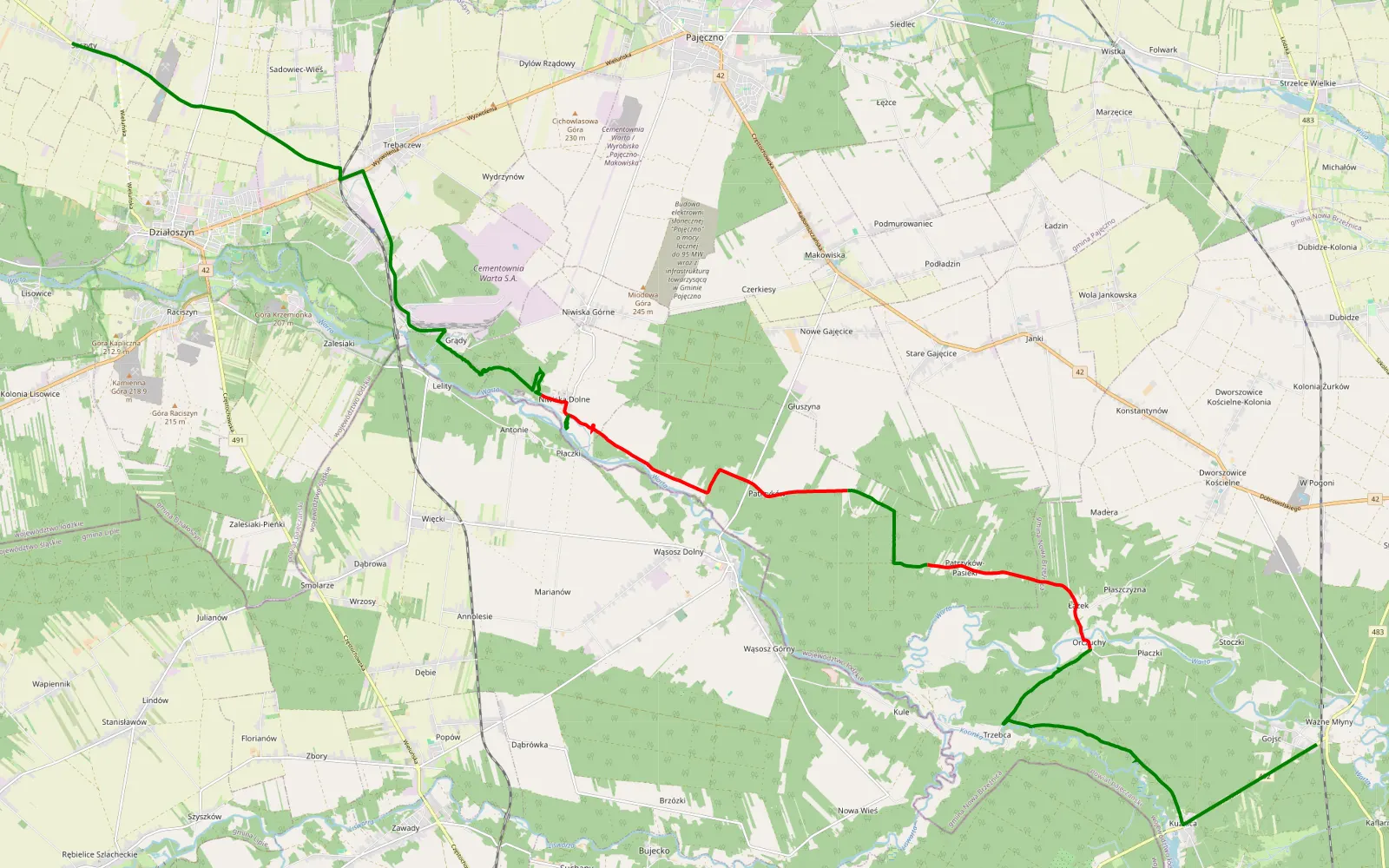 Mapa trasy Gojść - Szczyty - 22.5 km trasy offroad, Powiat Pajęczański