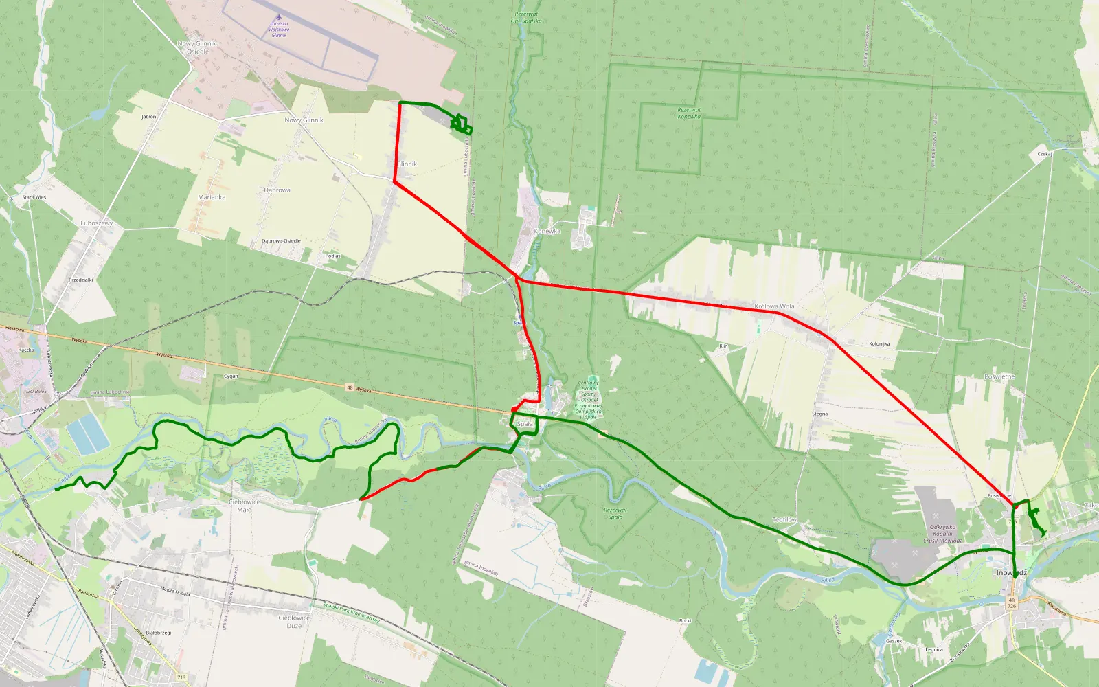 Mapa trasy Niwka - Spała - 29.2 km trasy offroad, Powiat Tomaszowski