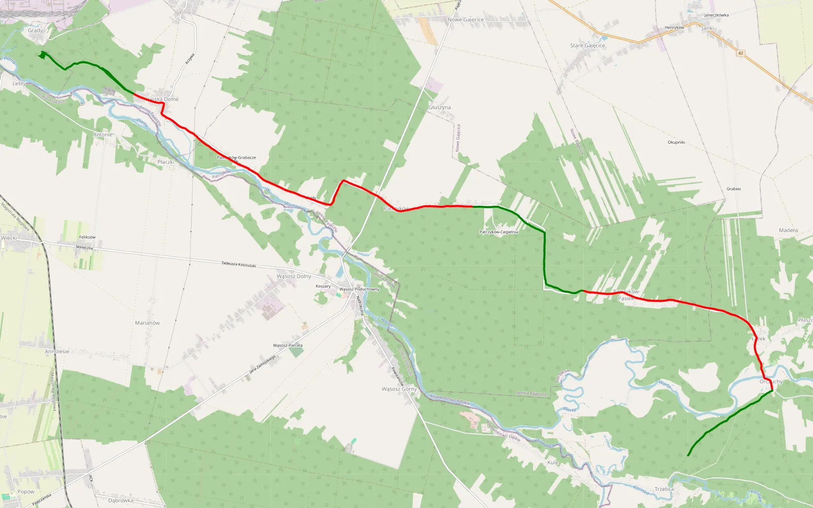 Mapa trasy Trzebca - Lelity - 17.3 km trasy offroad, Powiat Pajęczański