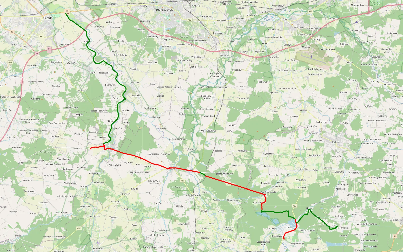 Mapa trasy Męka - Cisza - 60 km trasy offroad, Powiat Sieradzki