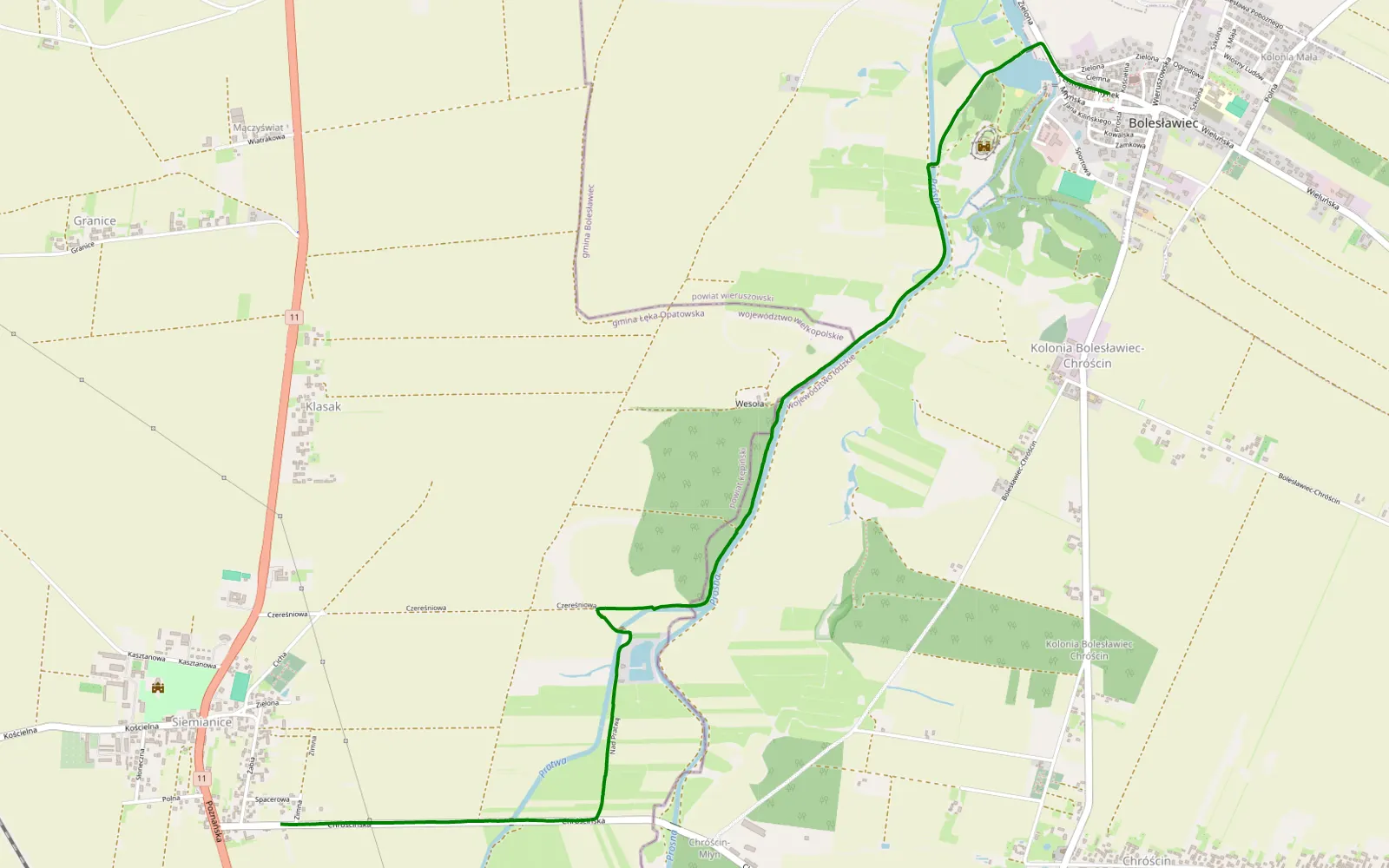 Map of Bolesławiec - Siemianice - 3.7 km offroad trail, Wieruszów County