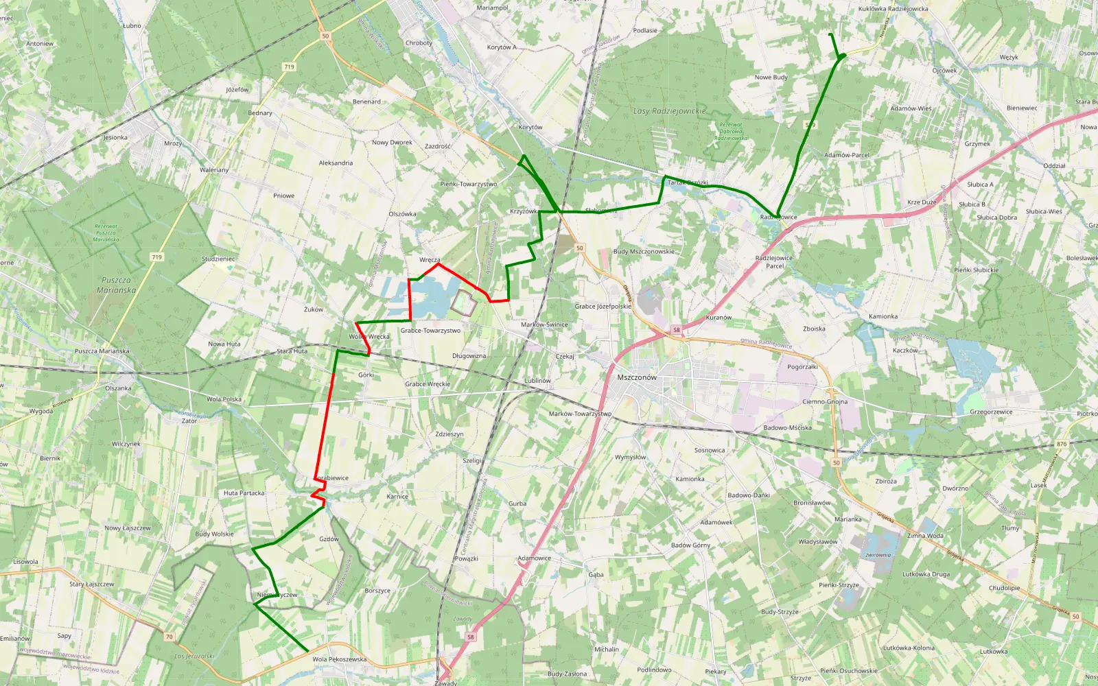 Map of Wola Pękoszewska - Budy Józefowskie - 14.1 km offroad trail, Żyrardów County