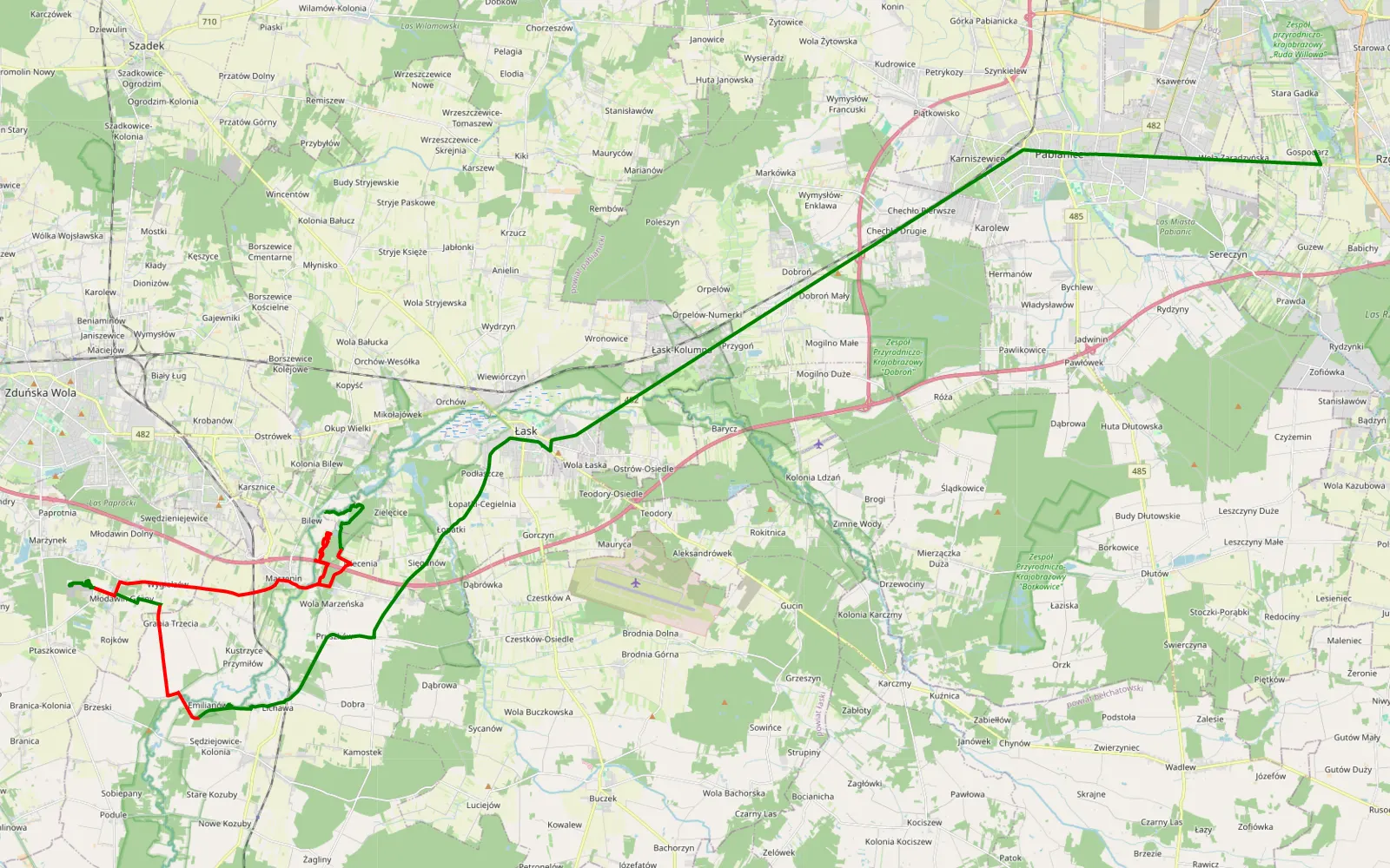 Mapa trasy Marzenin Grabia Kąpielisko - 26.7 km trasy offroad, Powiat Łaski