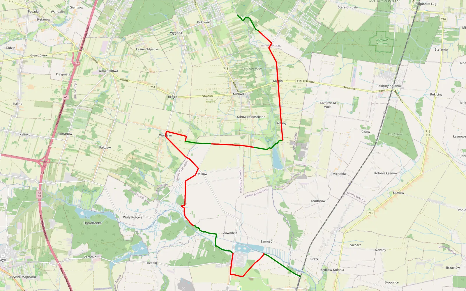 Map of Bukowiec Mały - Praszki - 23.6 km offroad trail, Piotrków County