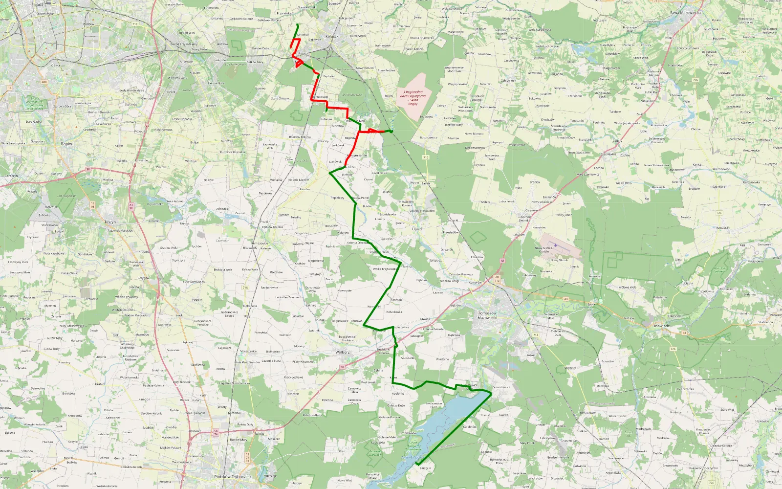 Mapa trasy Gaj - Kolonia Zarzęcin - 28.2 km trasy offroad, Powiat Tomaszowski