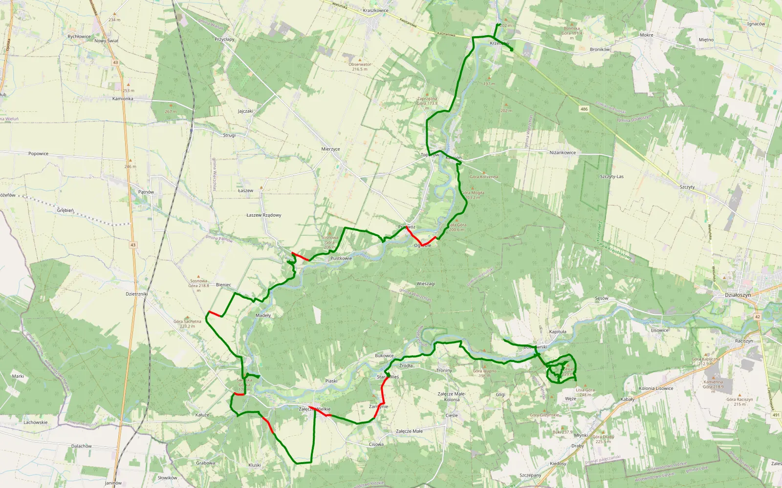 Map of Polen Südtour 06.2023 - 1. Tag - 39.2 km offroad trail, Wieluń County