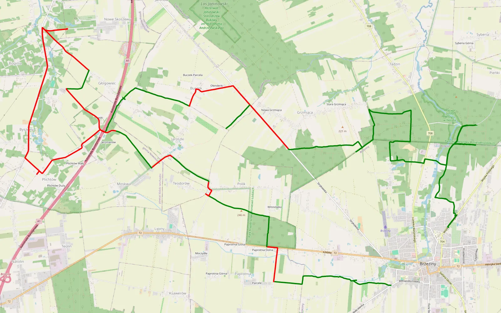 Mapa trasy Brzeziny 1 - 34.2 km trasy offroad, Powiat Brzeziński
