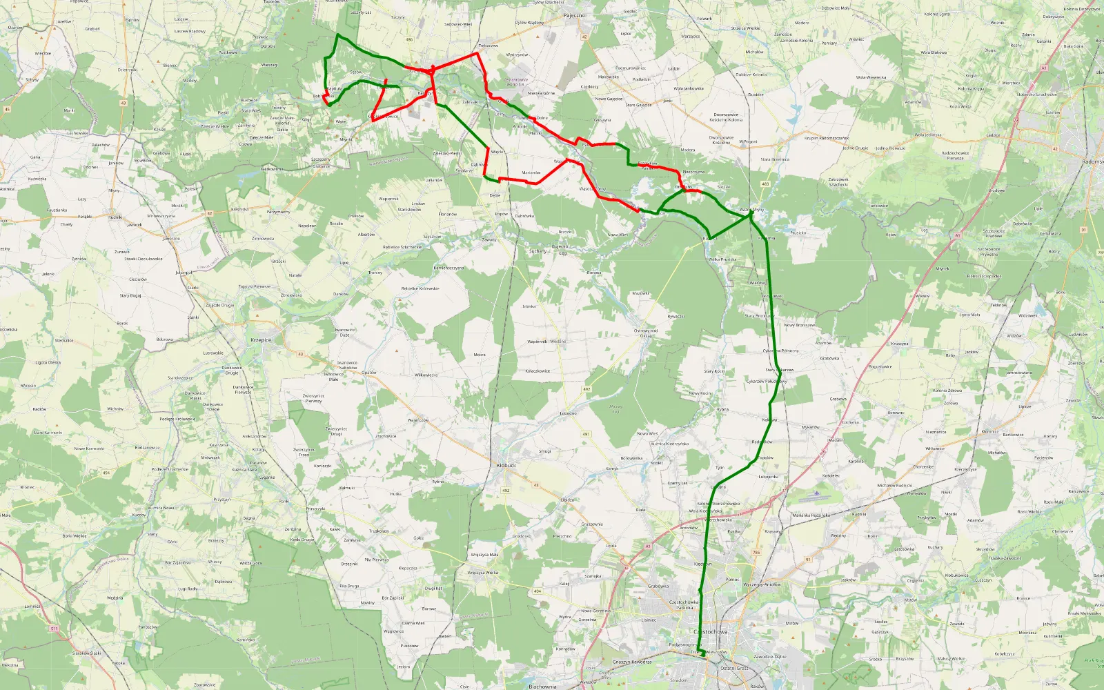 Map of Gojść - Trzech Wieszczów - 83.9 km offroad trail, Pajęczno County