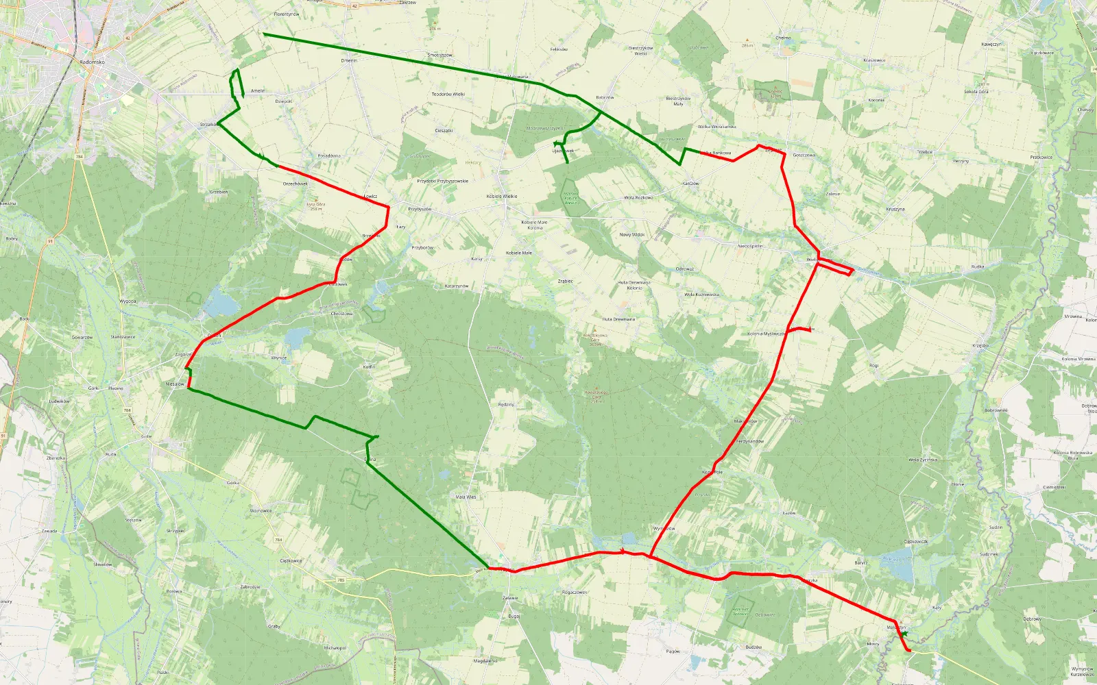 Mapa trasy Kolonia Kietlin - Amelin - 76.3 km trasy offroad, Powiat Radomszczański
