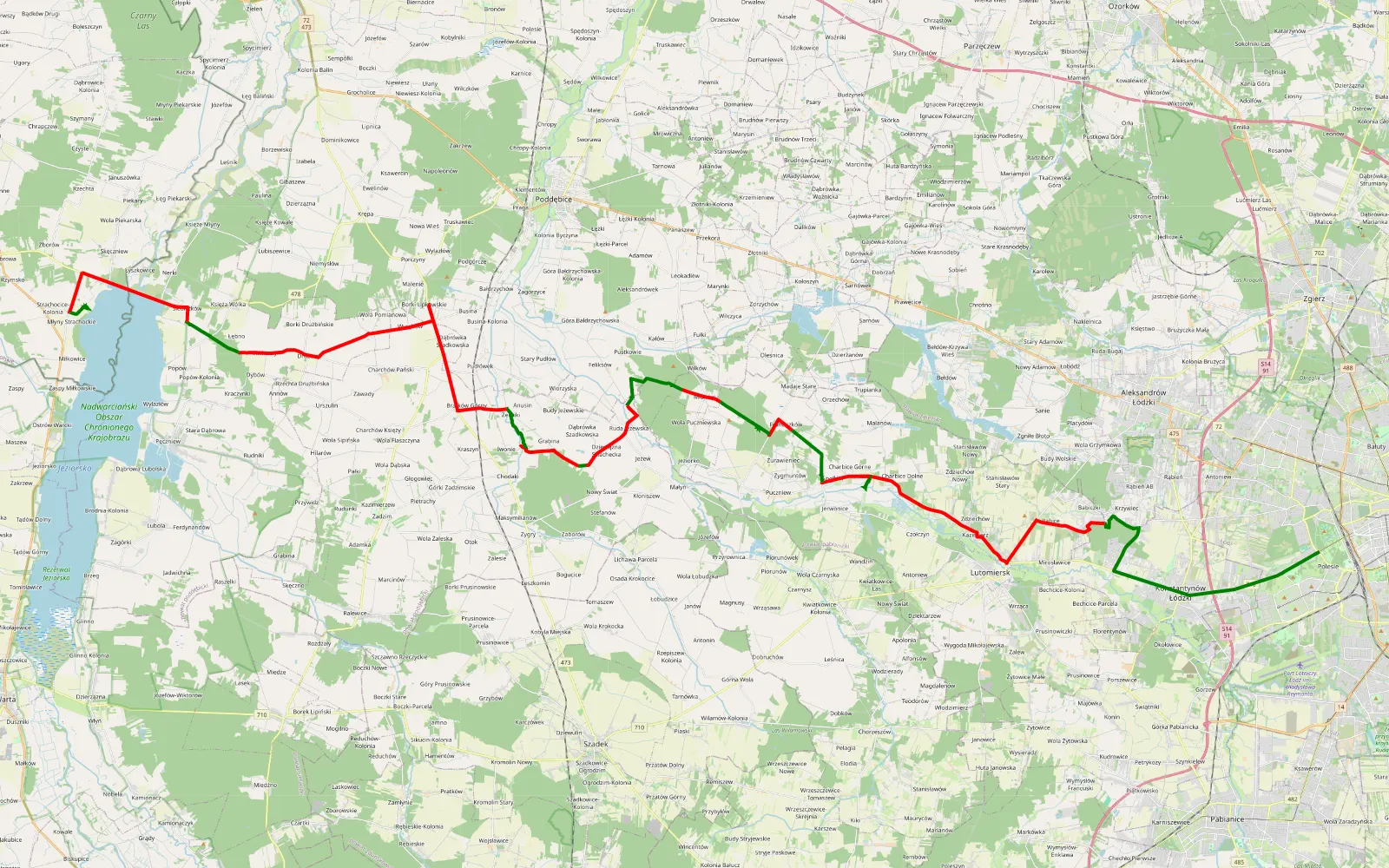 Mapa trasy Pierwszy etap Ldz jeziorsko Ślesin topolka lodz - 65.5 km trasy offroad, Powiat Poddębicki