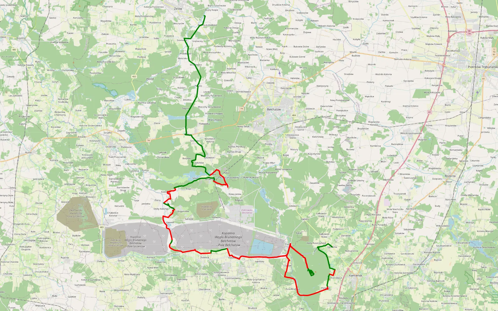 Mapa trasy Ożga - Zalew Patyki - 69.5 km trasy offroad, Powiat Bełchatowski