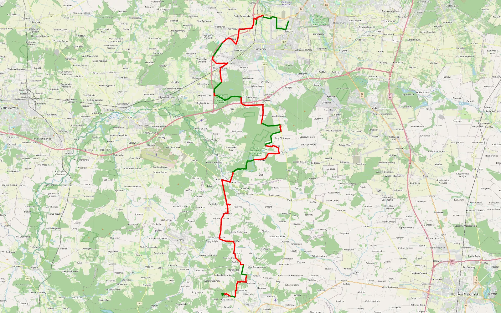 Mapa trasy Trasa do Fundacji Haszcza Wataha - 67.1 km trasy offroad, Powiat Pabianicki