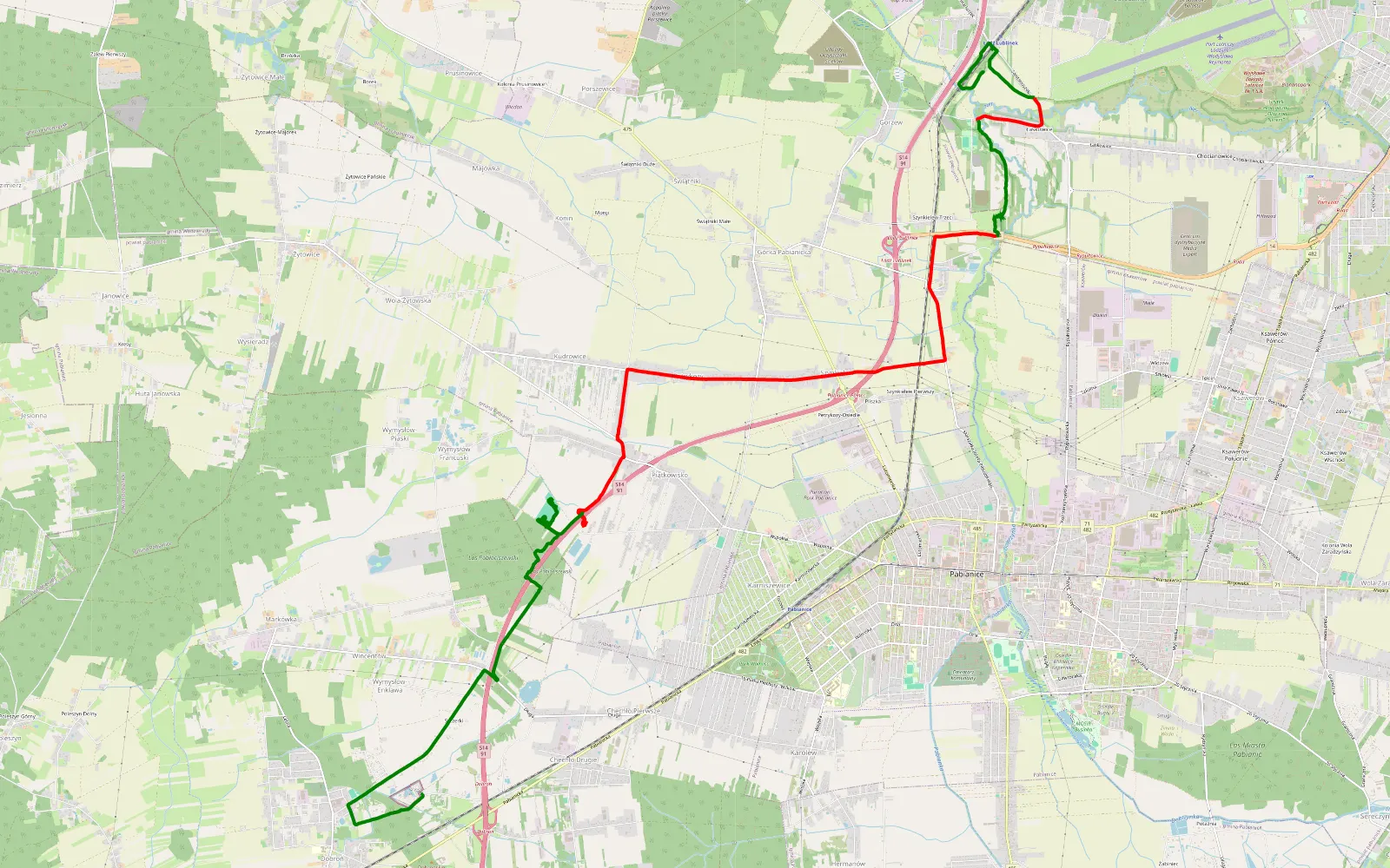 Mapa trasy Gorzew - Dobroń - 17.9 km trasy offroad, Powiat Pabianicki