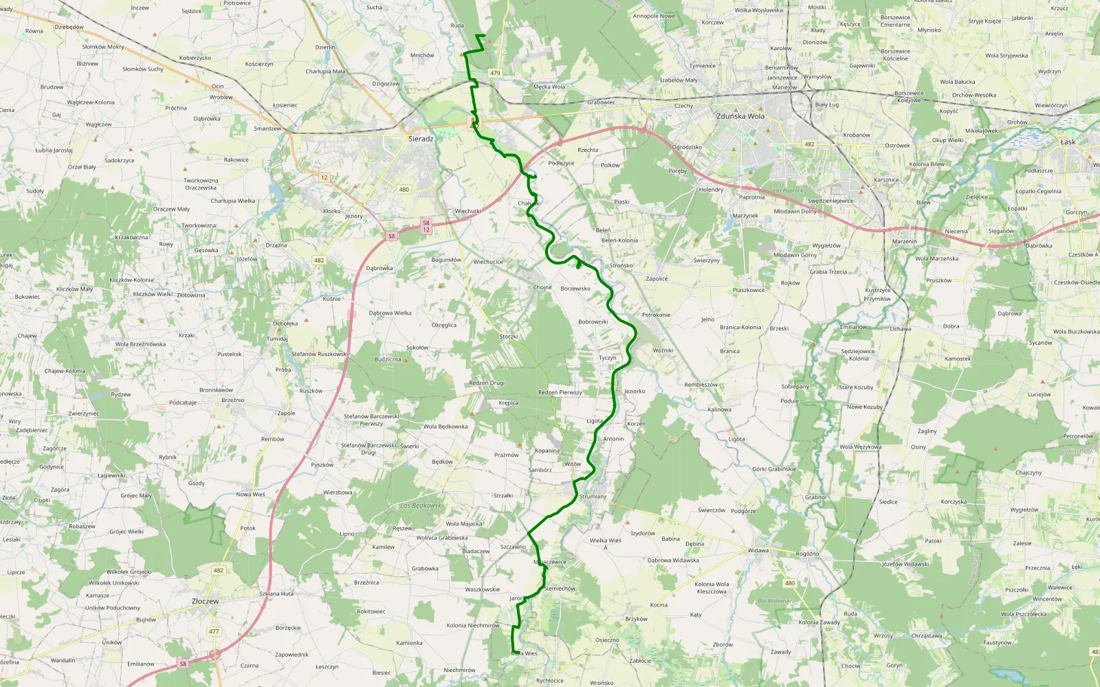 Mapa trasy Jamy Męka - Mała Wieś - 26.3 km trasy offroad, Powiat Sieradzki