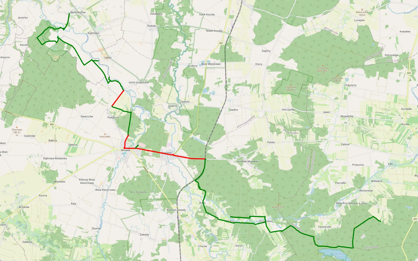Mapa trasy Wola Pszczółecka - Rembieszów - 39.6 km trasy offroad, Powiat Łaski