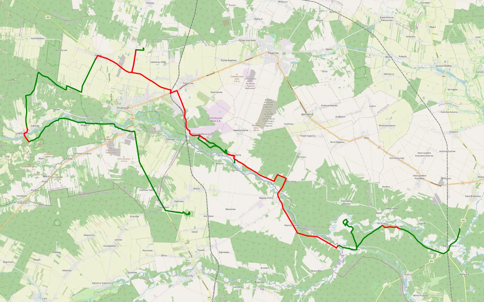 Map of Nad Wartą - 60.5 km offroad trail, Pajęczno County
