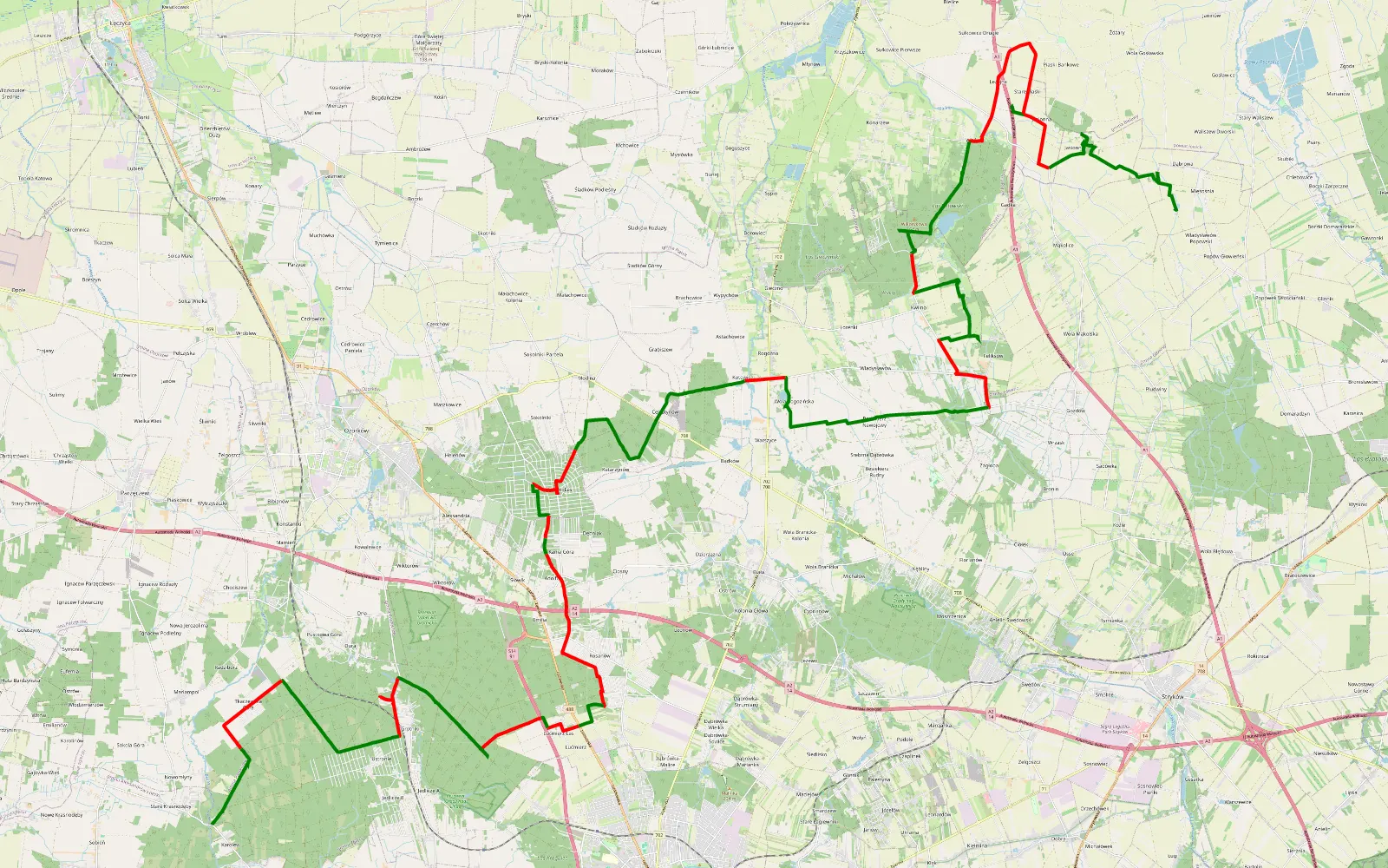 Mapa trasy szlak konny 2014-03-22 - 68 km trasy offroad, Powiat Zgierski