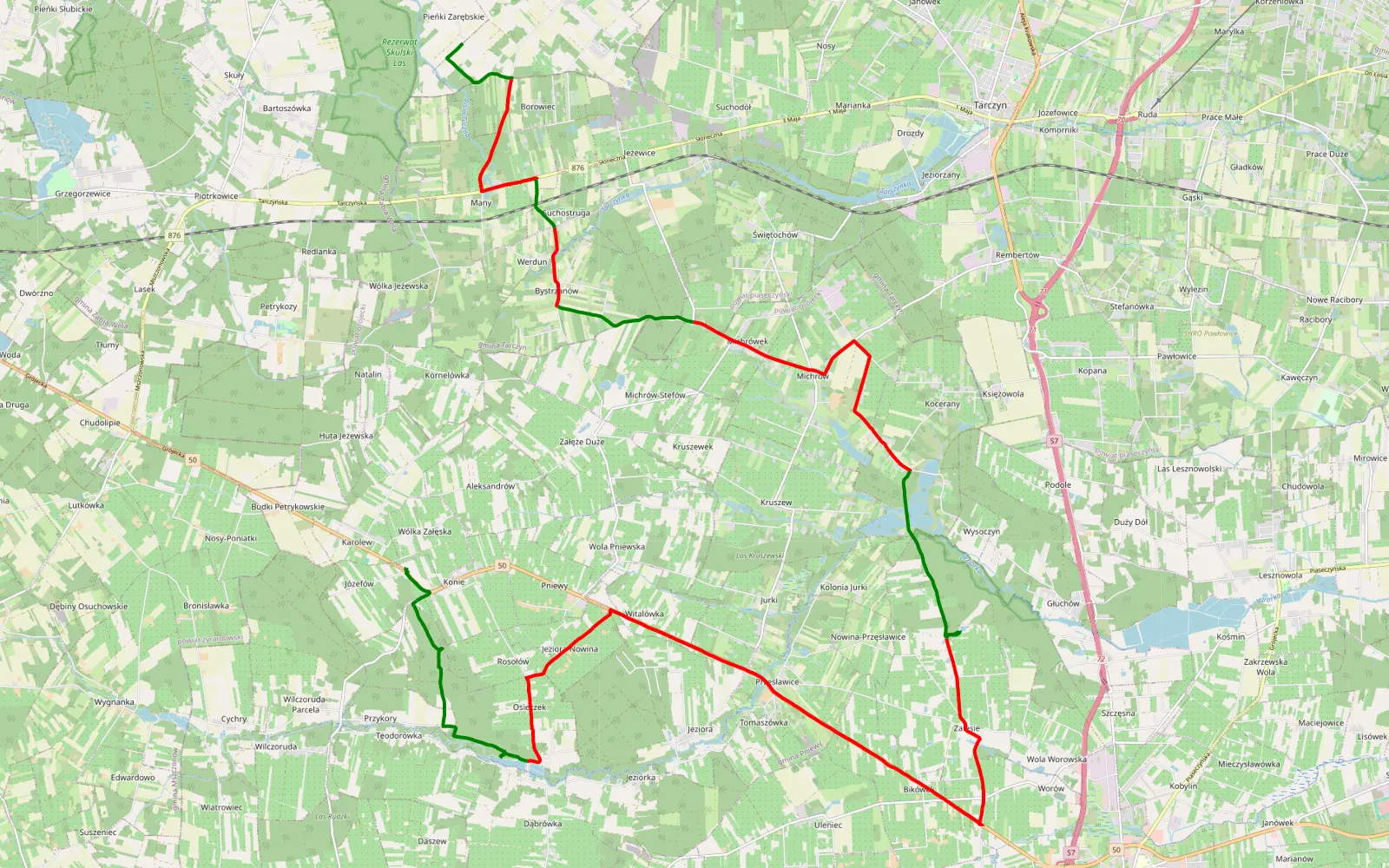 Mapa trasy Pieńki Zarębskie - Konie - 35.7 km trasy offroad, Powiat Grójecki