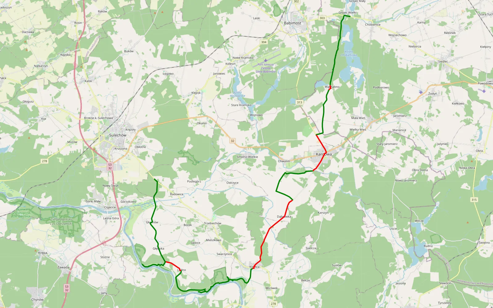 Mapa trasy Odra 1 - 43.8 km trasy offroad, Powiat Zielonogórski