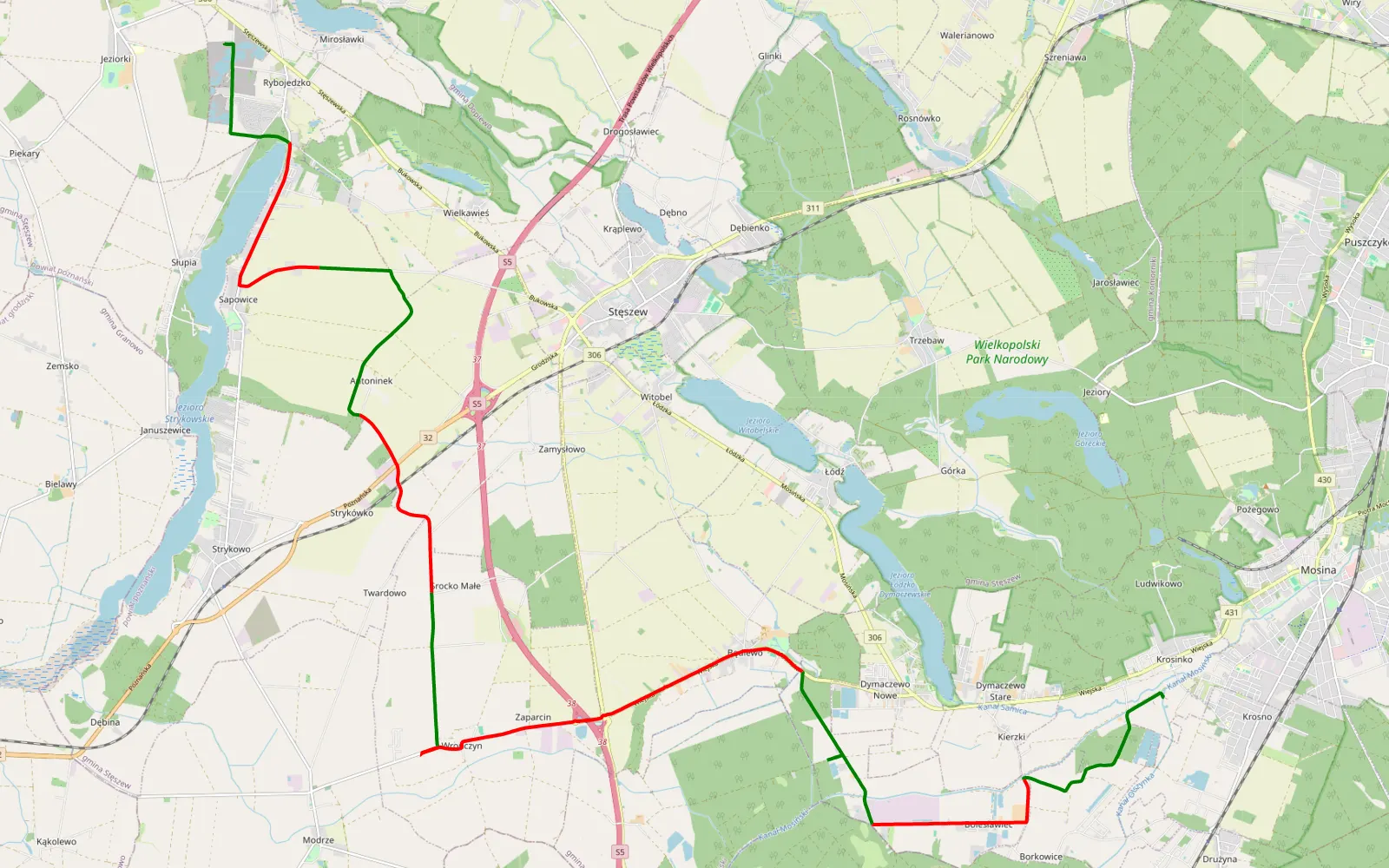 Mapa trasy Krosinko - Tomice - 29.9 km trasy offroad, Powiat Poznański