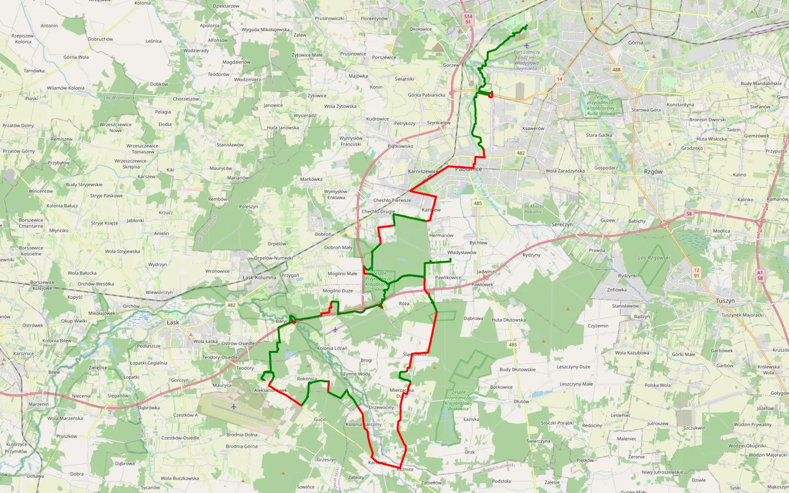 Mapa trasy Terenin - 69.1 km trasy offroad, Powiat Pabianicki
