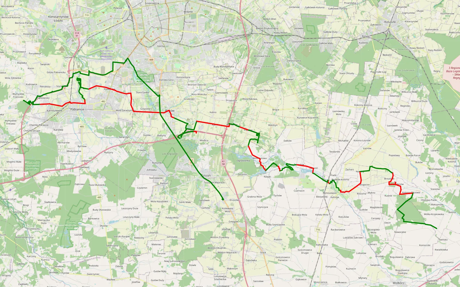 Mapa trasy Wólka Krzykowska - Kruszów - 88.4 km trasy offroad, Powiat Łódzki Wschodni