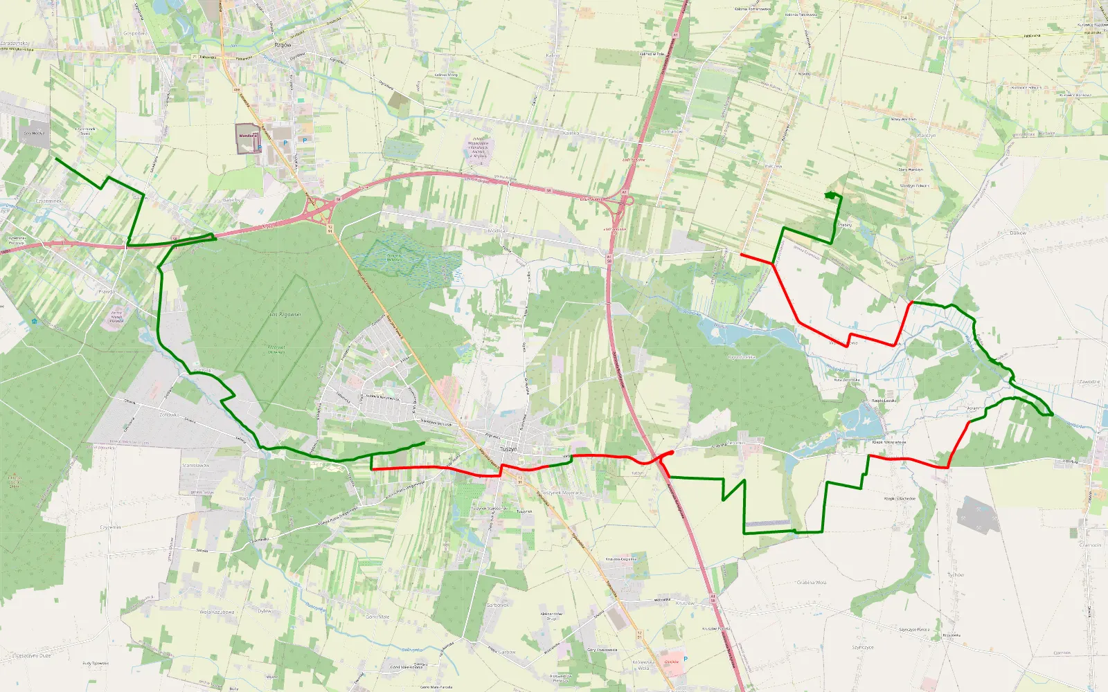 Mapa trasy Czyżeminek - Pałczew - 29.5 km trasy offroad, Powiat Łódzki Wschodni