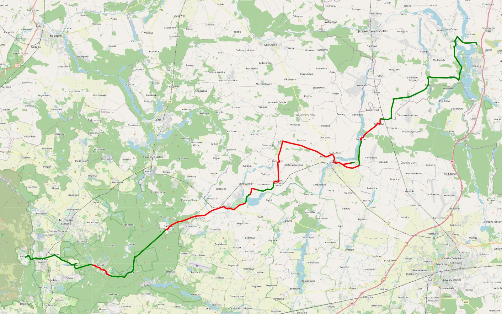Mapa trasy Biedrusko - Izdebno - 51.9 km trasy offroad, Powiat Gnieźnieński