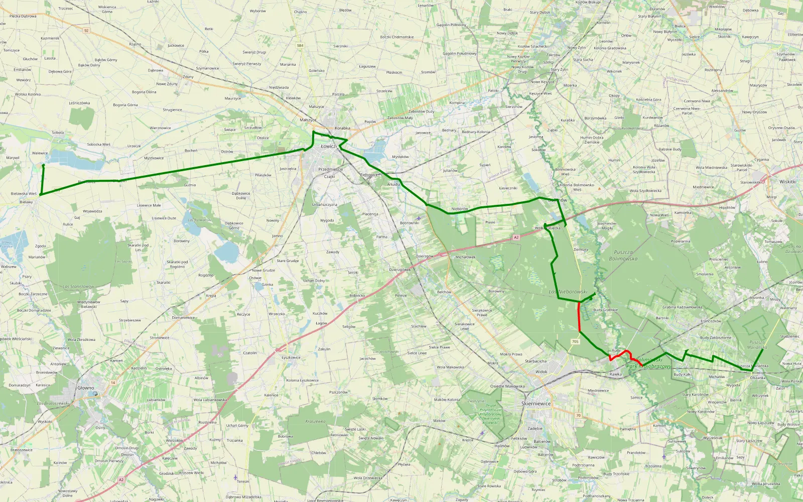 Mapa trasy Walewice - Puszcza Mariańska - 18.1 km trasy offroad, Powiat Skierniewicki