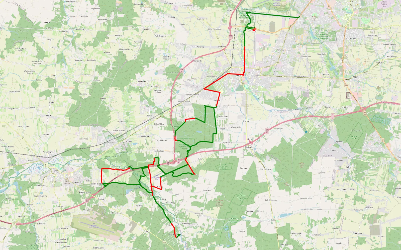 Mapa trasy Ruda - Karolew - 73.6 km trasy offroad, Powiat Pabianicki