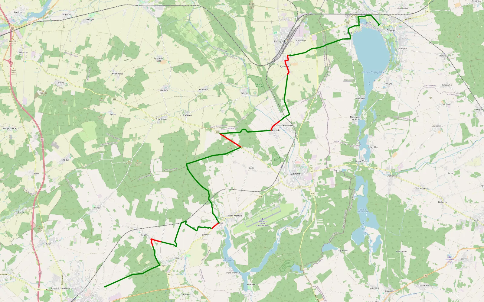 Mapa trasy Zbąszyń - Sulechów - 34.1 km trasy offroad, Powiat Zielonogórski
