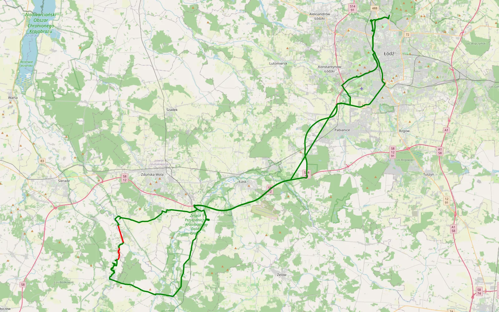Mapa trasy Nad Wartą - 17.3 km trasy offroad, Powiat Sieradzki