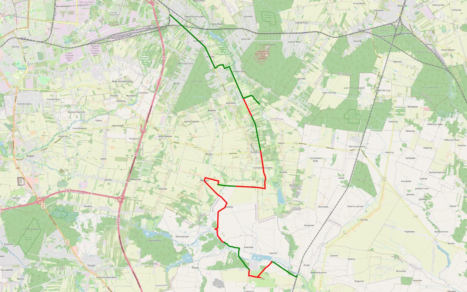Map of Andrzejów - Praszki - 24.3 km offroad trail, Piotrków County