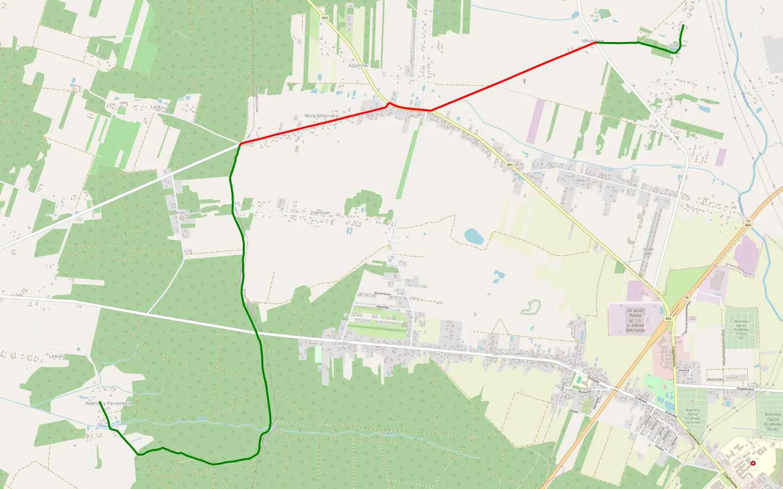 Mapa trasy Józefów - Wierzchy Parzeńskie - 8.5 km trasy offroad, Powiat Bełchatowski
