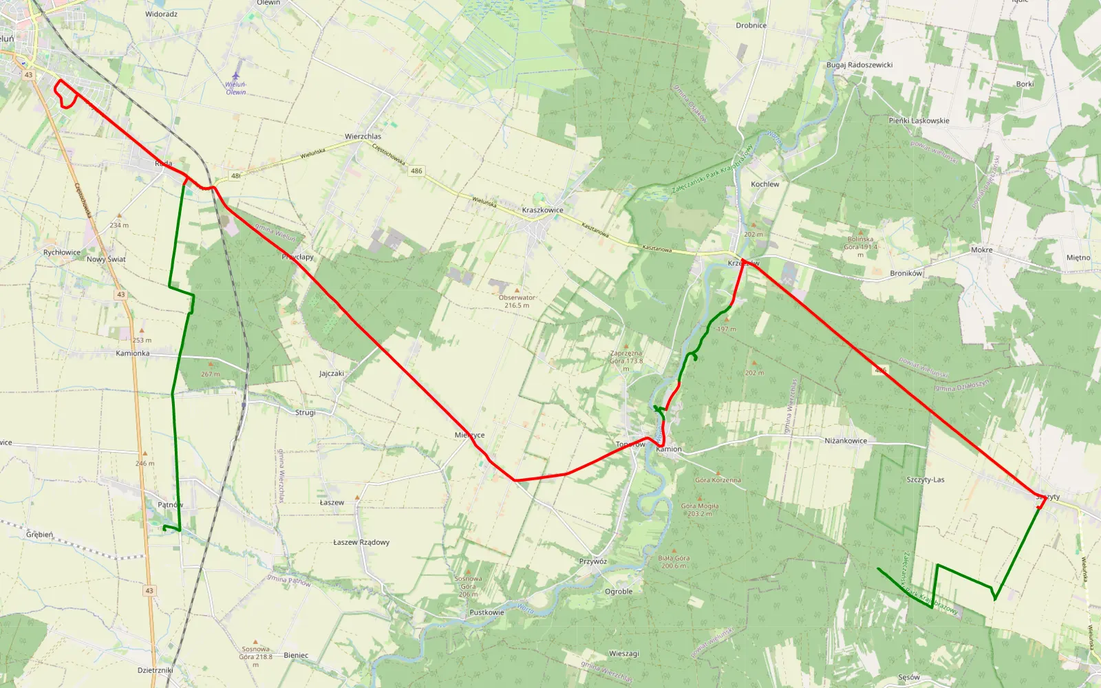 Mapa trasy Dziadaki - Pątnów - 38.6 km trasy offroad, Powiat Wieluński