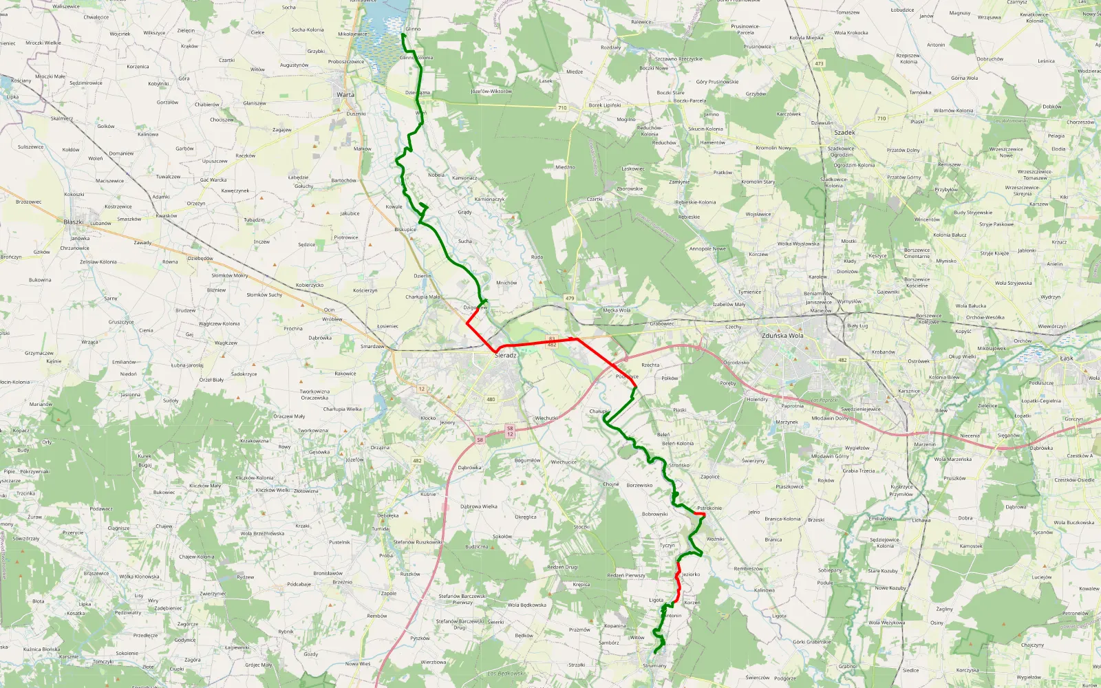 Mapa trasy Strumiany - Glinno - 56.5 km trasy offroad, Powiat Sieradzki